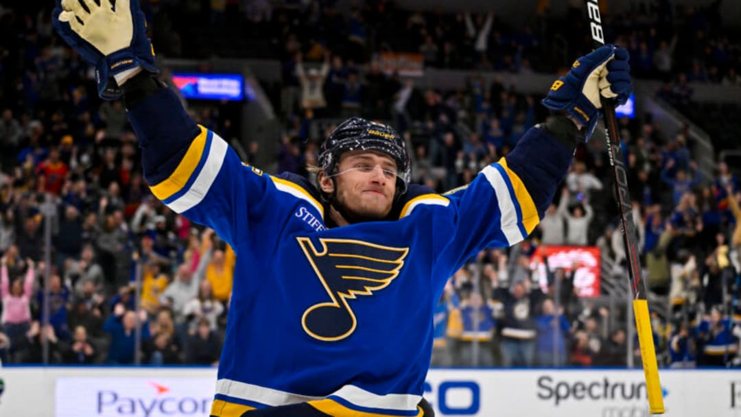 Mar 28, 2023; St. Louis, Missouri, USA; St. Louis Blues left wing Jakub Vrana (15) reacts after scoring the game winning goal against the Vancouver Canucks during overtime at Enterprise Center. Mandatory Credit: Jeff Curry-USA TODAY Sports