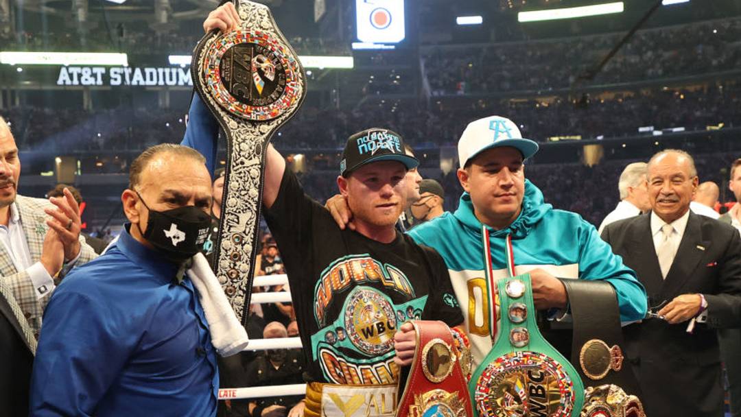 ARLINGTON, TEXAS - MAY 08: Canelo Alvarez celebrates after defeating Billy Joe Saunders who did not answer the bell for the eighth round during their fight for Alvarez's WBC and WBA super middleweight titles and Saunders' WBO super middleweight title at AT&T Stadium on May 08, 2021 in Arlington, Texas. (Photo by Al Bello/Getty Images)