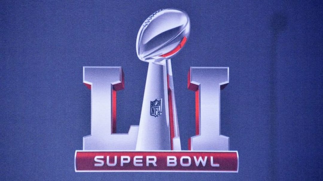 Feb 8, 2016; San Francisco, CA, USA; General view of Super Bowl LI logo during press conference at the Moscone Center. Mandatory Credit: Kirby Lee-USA TODAY Sports