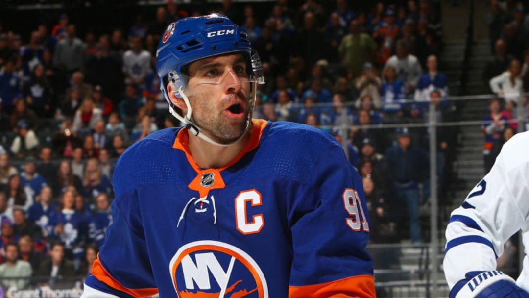 NEW YORK, NY - MARCH 30: John Tavares #91 of the New York Islanders reacts against the Toronto Maple Leafs at Barclays Center on March 30, 2018 in New York City. Toronto Maple Leafs defeated the New York Islanders 4-3 (Photo by Mike Stobe/NHLI via Getty Images)