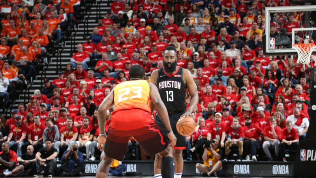SALT LAKE CITY, UT - APRIL 20: James Harden #13 of the Houston Rockets handles the ball against the Utah Jazz during Game Three of Round One of the 2019 NBA Playoffs on April 20, 2019 at vivint.SmartHome Arena in Salt Lake City, Utah. NOTE TO USER: User expressly acknowledges and agrees that, by downloading and or using this Photograph, User is consenting to the terms and conditions of the Getty Images License Agreement. Mandatory Copyright Notice: Copyright 2019 NBAE (Photo by Melissa Majchrzak/NBAE via Getty Images)