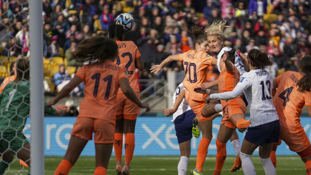 Jul 27, 2023; Wellington, NZL; United States midfielder Lindsey Horan (10) heads in a goal against the Netherlands during the second half in a group stage match for the 2023 FIFA Women's World Cup at Wellington Regional Stadium. Mandatory Credit: Jenna Watson-USA TODAY Sports