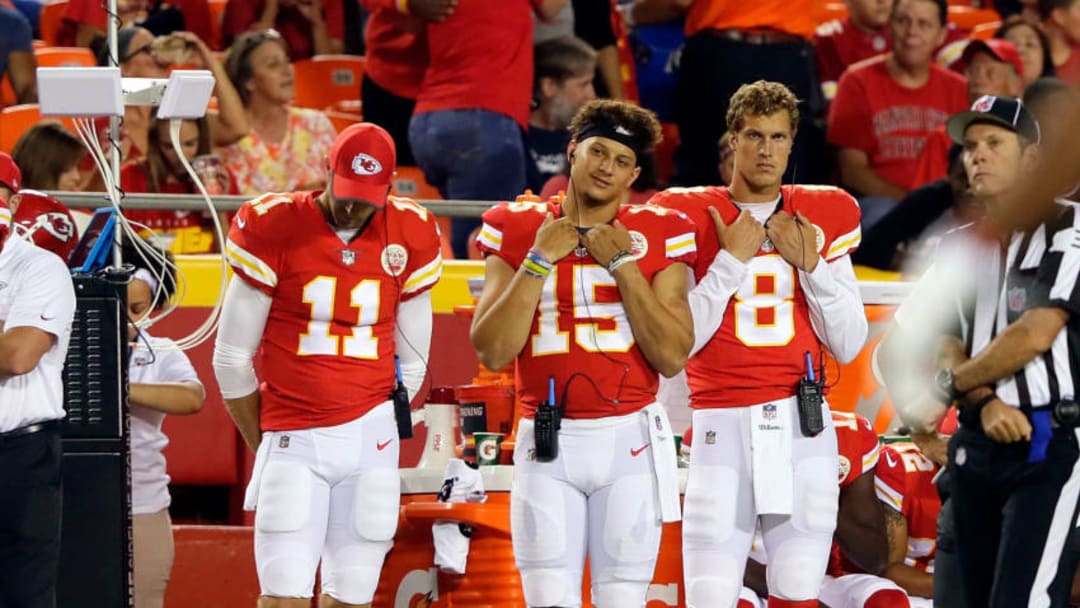 KANSAS CITY, MO - AUGUST 31: Quarterbacks Alex Smith #11, Patrick Mahomes #15, and Joel Stave #8 watch from the sidelines during the game against the Tennessee Titans at Arrowhead Stadium on August 31, 2017 in Kansas City, Missouri. (Photo by Jamie Squire/Getty Images)