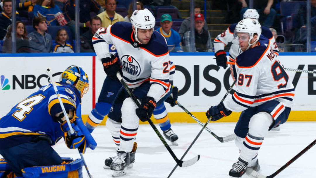 ST. LOUIS, MO - NOVEMBER 21: Milan Lucic #27 and Connor McDavid #97 of the Edmonton Oilers look to score against the St. Louis Blues at Scottrade Center on November 21, 2017 in St. Louis, Missouri. (Photo by Dilip Vishwanat/NHLI via Getty Images)