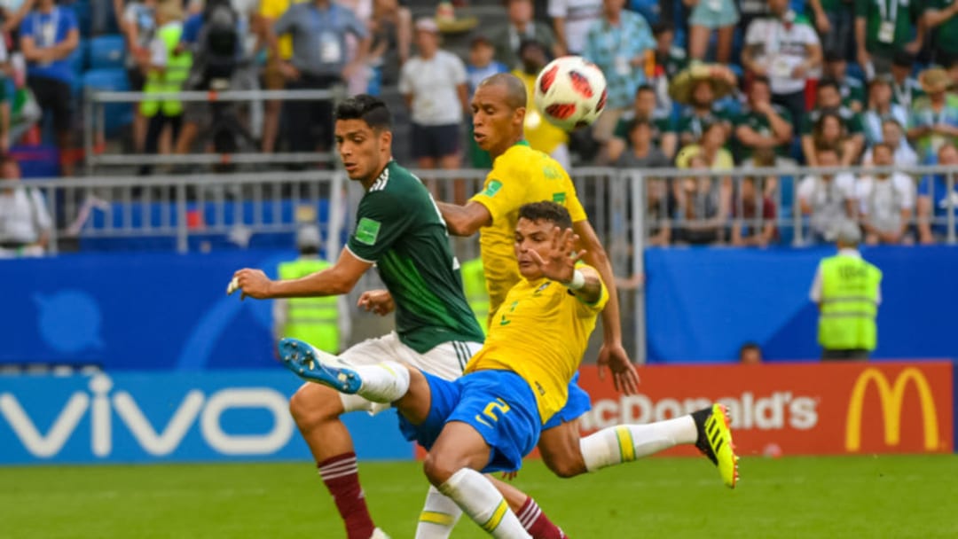 2nd July 2018, Samara Arena, Samara, Russia; FIFA World Cup Football, Round of 16, Brazil versus Mexico; Thiago Silva of Brazil clears the ball away from his area (photo by Ulrik Pedersen/Action Plus via Getty Images)