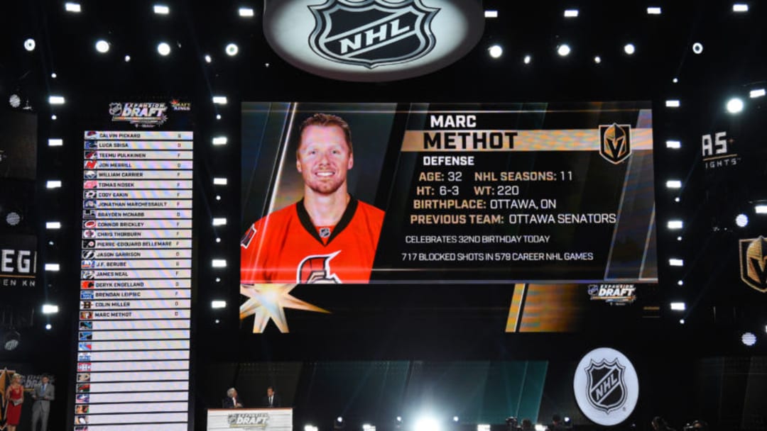 LAS VEGAS, NV - JUNE 21: Marc Methot is selected by the Las Vegas Golden Knights during the 2017 NHL Awards and Expansion Draft at T-Mobile Arena on June 21, 2017 in Las Vegas, Nevada. (Photo by Ethan Miller/Getty Images)