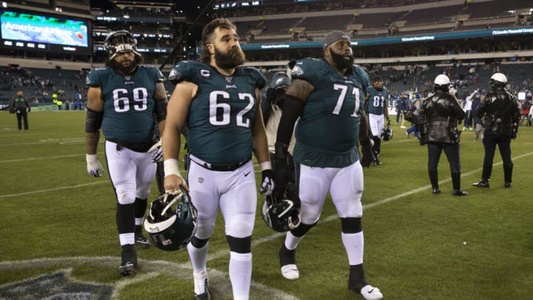 PHILADELPHIA, PA - JANUARY 05: Matt Pryor #69, Jason Kelce #62, and Jason Peters #71 of the Philadelphia Eagles walk off the field after the NFC Wild Card game against the Seattle Seahawks at Lincoln Financial Field on January 5, 2020 in Philadelphia, Pennsylvania. (Photo by Mitchell Leff/Getty Images)
