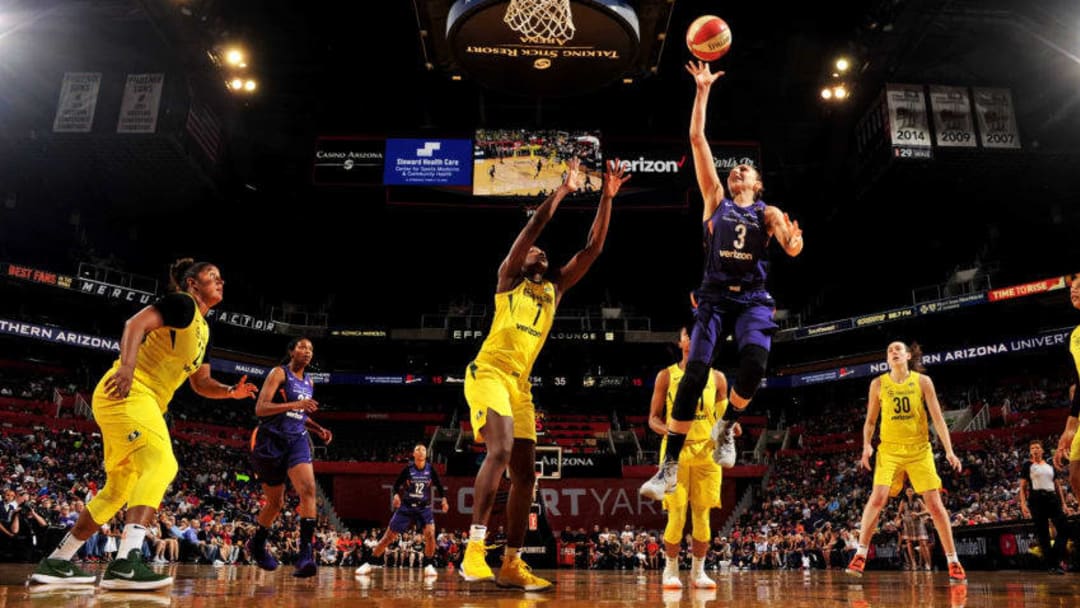 PHOENIX, AZ - SEPTEMBER 2: Diana Taurasi #3 of the Phoenix Mercury shoots the ball against the Seattle Storm during Game Four of the 2018 WNBA Semifinals on September 02, 2018 at Talking Stick Resort Arena in Phoenix, AZ. NOTE TO USER: User expressly acknowledges and agrees that, by downloading and or using this photograph, User is consenting to the terms and conditions of the Getty Images License Agreement. Mandatory Copyright Notice: Copyright 2018 NBAE (Photo by Barry Gossage/NBAE via Getty Images)