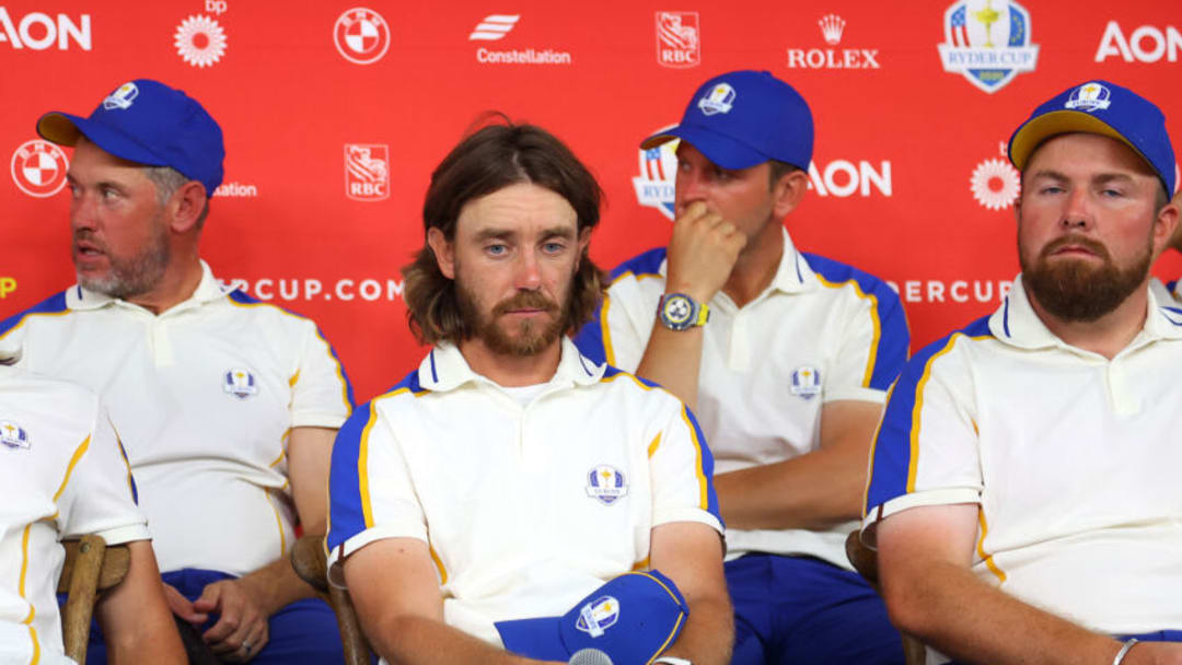 KOHLER, WISCONSIN - SEPTEMBER 26: Tommy Fleetwood of England and team Europe attends a press conference after their 19 to 9 loss to Team United States during the 43rd Ryder Cup at Whistling Straits on September 26, 2021 in Kohler, Wisconsin. (Photo by Andrew Redington/Getty Images)