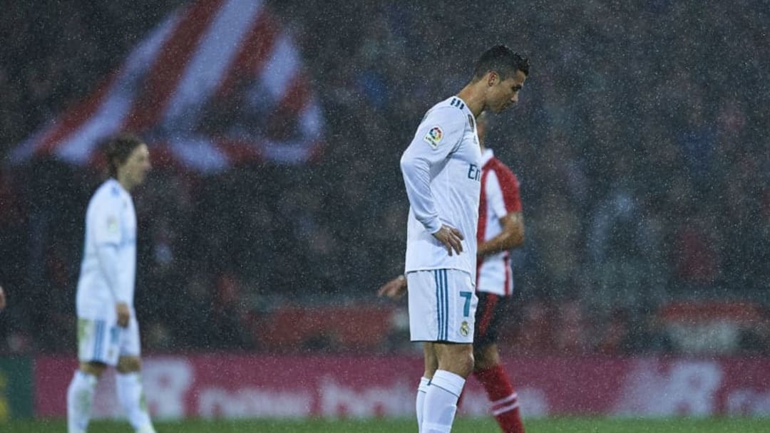 BILBAO, SPAIN - DECEMBER 02: Cristiano Ronaldo of Real Madrid CF reacts during the La Liga match between Athletic Club and Real Madrid at Estadio de San Mames on December 2, 2017 in Bilbao, Spain. (Photo by Juan Manuel Serrano Arce/Getty Images)