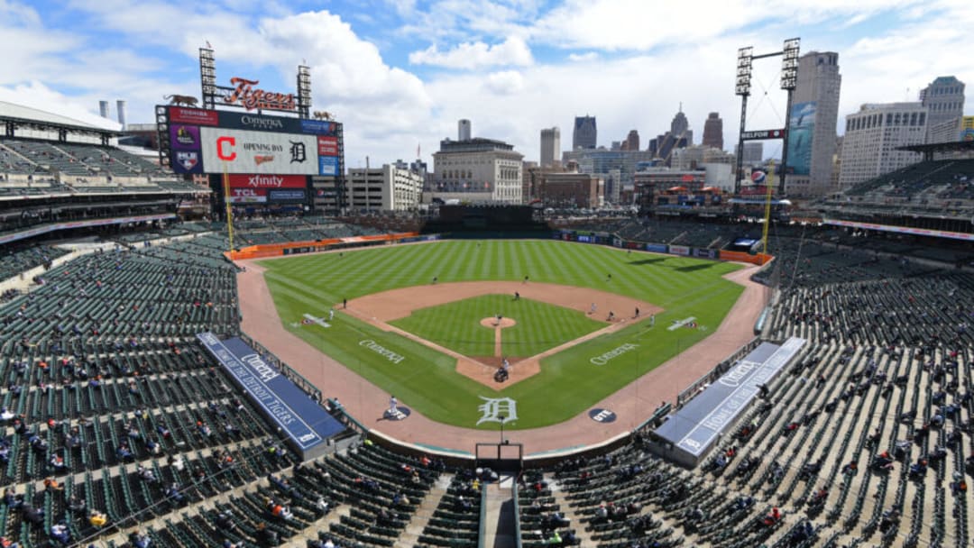 DETROIT, MI - APRIL 01: A wide-angle general view of Comerica Park during the Opening Day game between the Detroit Tigers and the Cleveland Indians at Comerica Park on April 1, 2021 in Detroit, Michigan. The Tigers defeated the Indians 3-2. (Photo by Mark Cunningham/MLB Photos via Getty Images)