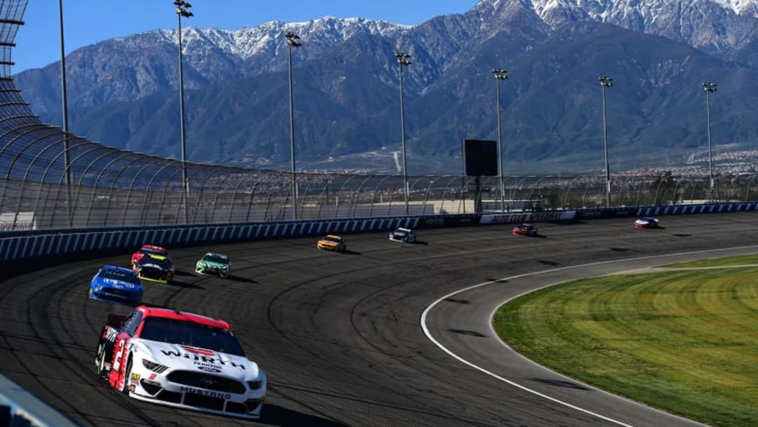 FONTANA, CA - MARCH 15: Brad Keselowski, driver of the #2 Wurth Ford, leads a pack of cars during qualifying for the Monster Energy NASCAR Cup Series Auto Club 400 at Auto Club Speedway on March 15, 2019 in Fontana, California. (Photo by Jared C. Tilton/Getty Images)