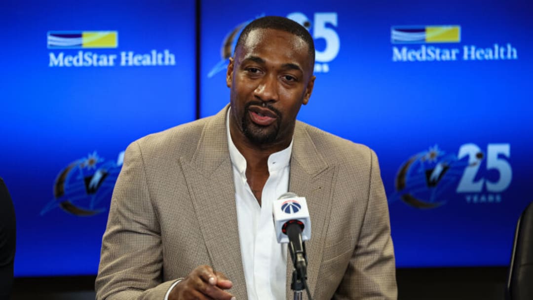 WASHINGTON, DC - NOVEMBER 18: Former Washington Wizards player Gilbert Arenas addresses the media before the game between the Washington Wizards and the Miami Heat at Capital One Arena on November 18, 2022 in Washington, DC. Gilbert Arenas, Caron Butler, and Antawn Jamison will be recognized during a halftime celebration for their contributions to the franchise. NOTE TO USER: User expressly acknowledges and agrees that, by downloading and or using this photograph, User is consenting to the terms and conditions of the Getty Images License Agreement. (Photo by Scott Taetsch/Getty Images)