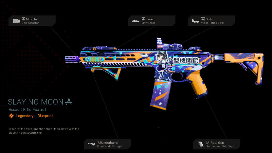 Slaying Moon Warzone blueprint is a legendary tier weapon skin for the M13 assault rifle. Slaying Moon Warzone blueprint is a legendary tier weapon skin for the M13 assault rifle.