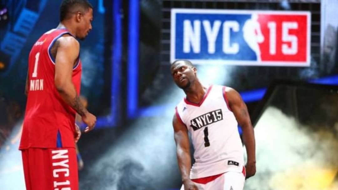 Feb 13, 2015; New York, NY, USA; Television and radio personality Nick Cannon (1) and Television personality Kevin Hart (1) have a dance off before the 2015 Sprint NBA all star celebrity game at Madison Square Garden. Mandatory Credit: Brad Penner-USA TODAY Sports