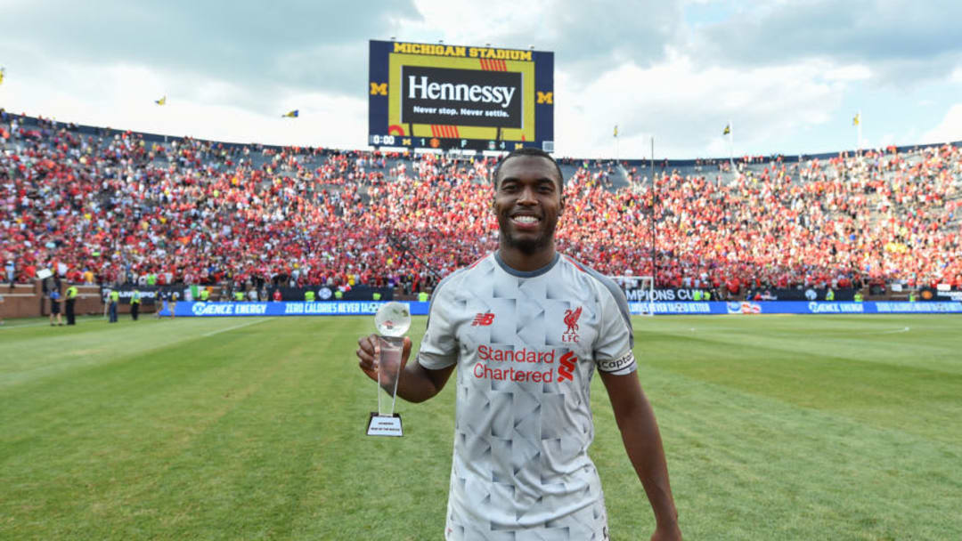 ANN ARBOR, MI - JULY 28: (THE SUN OUT, THE SUN ON SUNDAY OUT) Daniel Sturridge of Liverpool with the Na of the match trophy at the end of the International Champions Cup 2018 match between Manchester United and Liverpool at Michigan Stadium on July 28, 2018 in Ann Arbor, Michigan. (Photo by Andrew Powell/Liverpool FC via Getty Images)