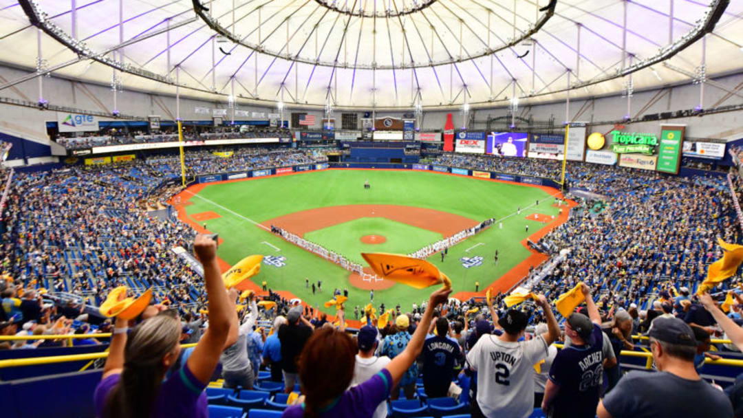 ST PETERSBURG, FLORIDA - OCTOBER 07: The Houston Astros and the Tampa Bay Rays observe the playing of the national anthem prior to Game Three of the American League Division Series at Tropicana Field on October 07, 2019 in St Petersburg, Florida. (Photo by Julio Aguilar/Getty Images)