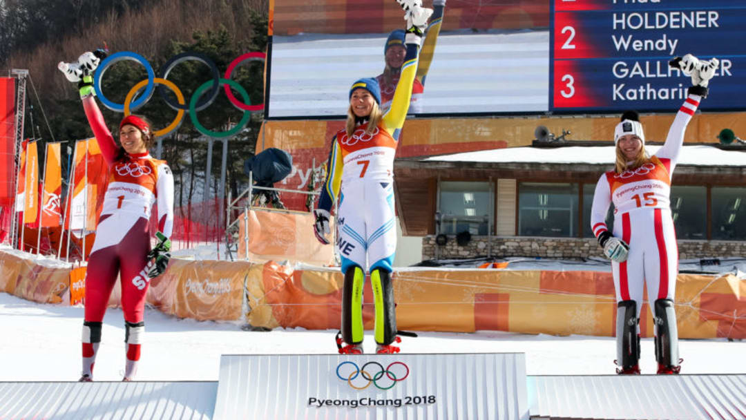 PYEONGCHANG-GUN, SOUTH KOREA - FEBRUARY 16: Wendy Holdener of Switzerland wins the silver medal, Frida Hansdotter of Sweden wins the gold medal, Katharina Gallhuber of Austria wins the bronze medal during the Alpine Skiing Women's Slalom at Yongpyong Alpine Centre on February 16, 2018 in Pyeongchang-gun, South Korea. (Photo by Christophe Pallot/Agence Zoom/Getty Images)