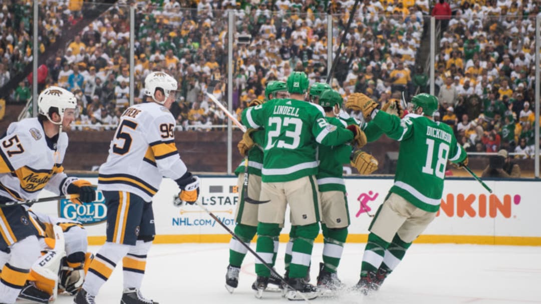 DALLAS, TEXAS - JANUARY 01: The Dallas Stars celebrate a goal during the 2020 NHL Winter Classic between the Nashville Predators and the Dallas Stars at Cotton Bowl on January 01, 2020 in Dallas, Texas. (Photo by Sean Berry/NHLI via Getty Images)