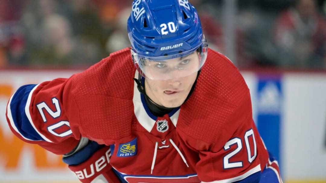 Jan 5, 2023; Montreal, Quebec, CAN; Montreal Canadiens forward Juraj Slafkovsky (20) prepares for a face off against the New York Rangers during the second period at the Bell Centre. Mandatory Credit: Eric Bolte-USA TODAY Sports