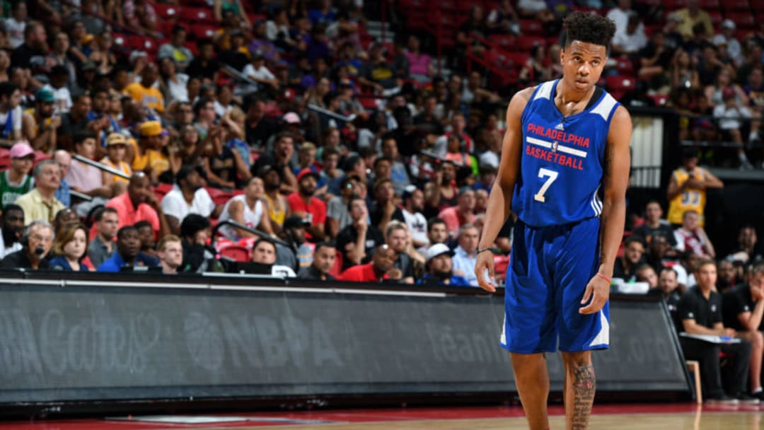 LAS VEGAS, NV - JULY 8: Markelle Fultz #7 of the Philadelphia 76ers looks on during the game against the Golden State Warriors during the 2017 Las Vegas Summer League on July 8, 2017 at the Thomas & Mack Center in Las Vegas, Nevada. NOTE TO USER: User expressly acknowledges and agrees that, by downloading and or using this Photograph, user is consenting to the terms and conditions of the Getty Images License Agreement. Mandatory Copyright Notice: Copyright 2017 NBAE (Photo by Garrett Ellwood/NBAE via Getty Images)