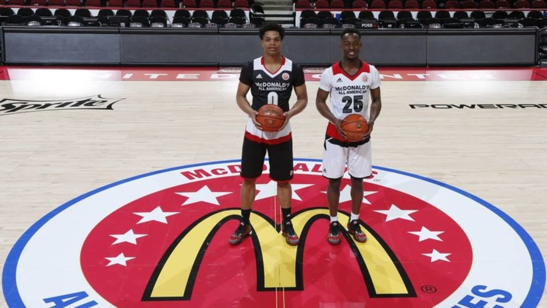 Mar 30, 2016; Chicago, IL, USA; From left to right McDonald's All-Americans Miles Bridges (0) and Joshua Langford (25) who both will be attending Michigan State pose for a group photo before the McDonald's High School All-American Game at the United Center. Mandatory Credit: Brian Spurlock-USA TODAY Sports