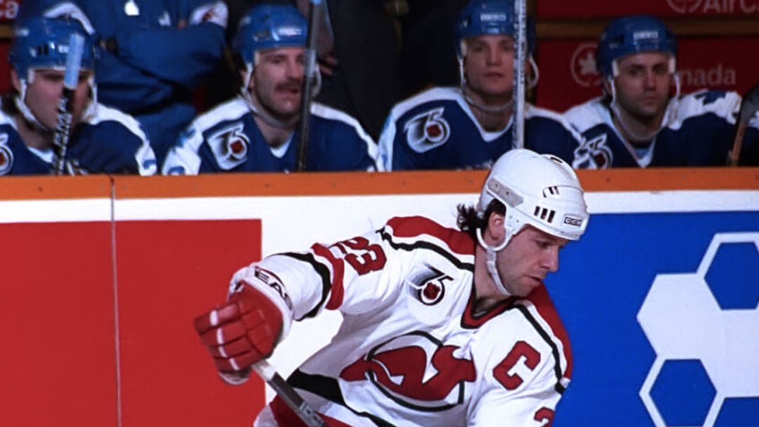 TORONTO, ON - FEBRUARY 25: Bruce Driver #23 of the New Jersey Devils skates against the Toronto Maple Leafs during NHL game action on February 25, 1992 at Maple Leaf Gardens in Toronto, Ontario, Canada. (Photo by Graig Abel/Getty Images)