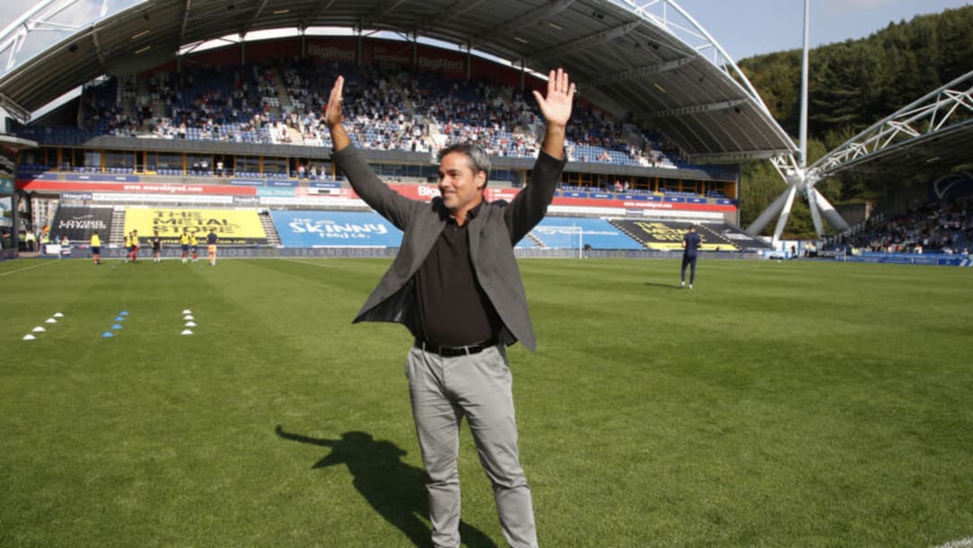 HUDDERSFIELD, ENGLAND - AUGUST 27: David Wagner the former Head Coach of Huddersfield Town (who is a local legend having gained promotion to The Premier League for the club) greets the home fans as he returns to the club for the first time in three years during the Sky Bet Championship between Huddersfield Town and West Bromwich Albion at the John Smith's Stadium on August 27, 2022 in Huddersfield, England. (Photo by John Early/Getty Images)
