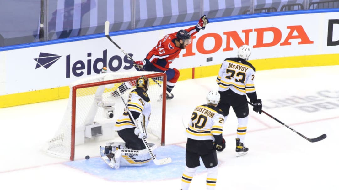 TORONTO, ONTARIO - AUGUST 09: Tom Wilson #43 of the Washington Capitals celebrates after scoring a goal on Tuukka Rask #40 of the Boston Bruins during the third period in an Eastern Conference Round Robin game during the 2020 NHL Stanley Cup Playoffs at Scotiabank Arena on August 09, 2020 in Toronto, Ontario, Canada. (Photo by Andre Ringuette/Freestyle Photo/Getty Images)