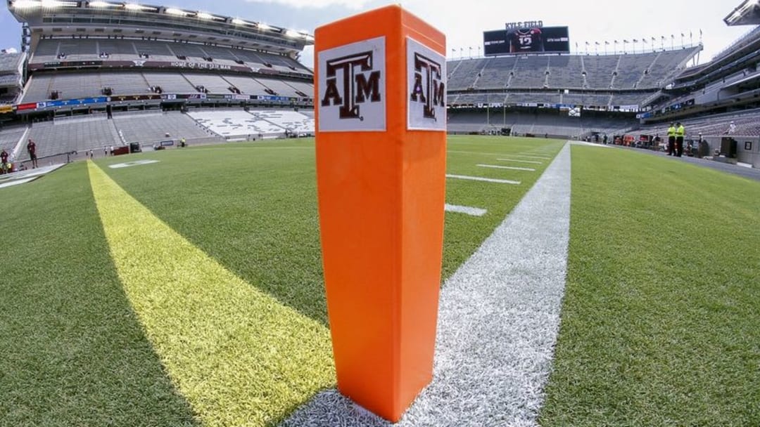Sep 3, 2016; College Station, TX, USA; The Texas A&M logo on an endzone pylon prior to a game between the Aggies and the UCLA Bruins at Kyle Field. Texas A&M won in overtime 31-24. Mandatory Credit: Ray Carlin-USA TODAY Sports