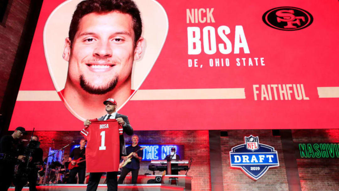 NASHVILLE, TENNESSEE - APRIL 25: Nick Bosa of Ohio State reacts after being chosen #2 overall by the San Francisco 49ers during the first round of the 2019 NFL Draft on April 25, 2019 in Nashville, Tennessee. (Photo by Andy Lyons/Getty Images)