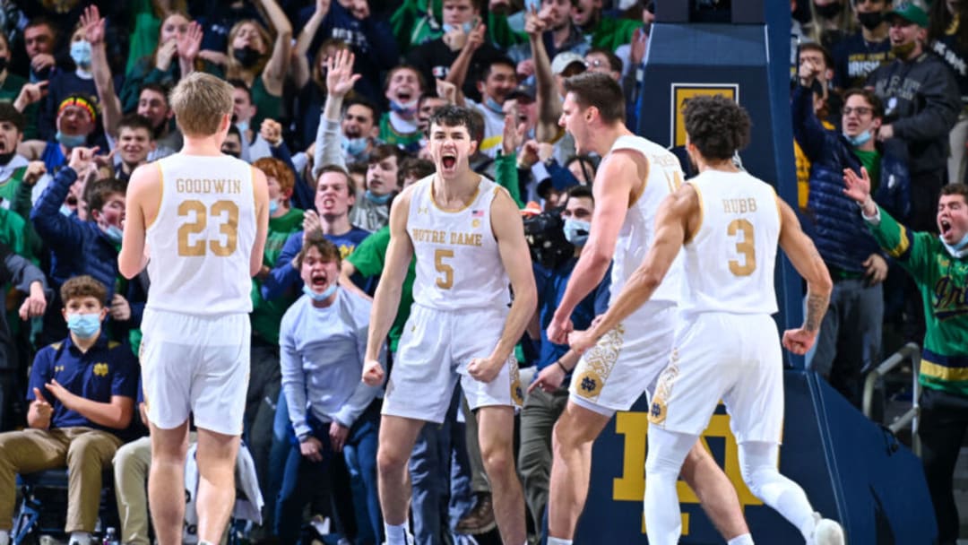 Jan 26, 2022; South Bend, Indiana, USA; Notre Dame Fighting Irish guard Cormac Ryan (5) reacts after an offensive foul call against the North Carolina State Wolfpack in the second half at the Purcell Pavilion. Mandatory Credit: Matt Cashore-USA TODAY Sports