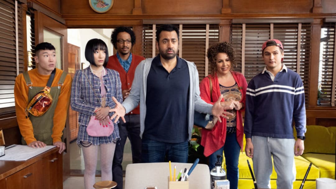 SUNNYSIDE -- "Pilot" Episode -- Pictured: (l-r) Joel Kim Booster as Jun Ho, Poppy Liu as Mei Lin, Samba Schutte as Hakim, Kal Penn as Garrett, Diana Marie Riva as Griselda, Moses Storm as Brady -- (Photo by: Colleen Hayes/NBC)