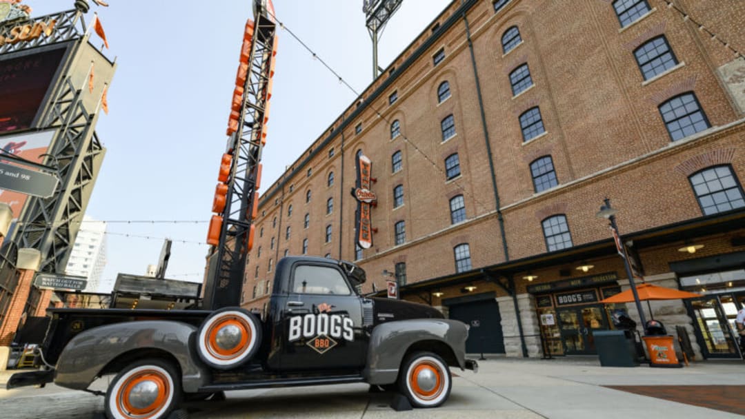 Sep 12, 2021; Baltimore, Maryland, USA; A general view of the BoogÕs BBQ antique truck which is parked on Eutaw Street, just across from the Orioles Team Store prior to the game between the Baltimore Orioles and the Toronto Blue Jays at Oriole Park at Camden Yards. Mandatory Credit: James A. Pittman-USA TODAY Sports