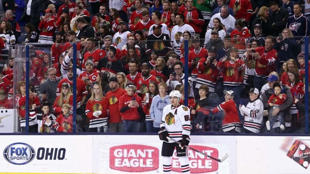 Apr 9, 2016; Columbus, OH, USA; Chicago Blackhawks right wing Patrick Kane (88) looks on during warmups prior to the game against the Columbus Blue Jackets at Nationwide Arena. Mandatory Credit: Aaron Doster-USA TODAY Sports Apr 9, 2016; Columbus, OH, USA; Chicago Blackhawks right wing Patrick Kane (88) looks on during warmups prior to the game against the Columbus Blue Jackets at Nationwide Arena. Mandatory Credit: Aaron Doster-USA TODAY Sports