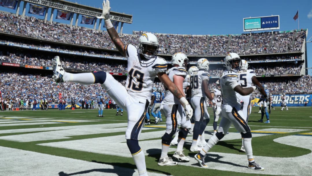 SAN DIEGO, CA - SEPTEMBER 13: Wide receiver Keenan Allen #13 of the San Diego Chargers celebrates after a Chargers touchdown against the Detroit Lions at Qualcomm Stadium on September 13, 2015 in San Diego, California. (Photo by Stephen Dunn/Getty Images)