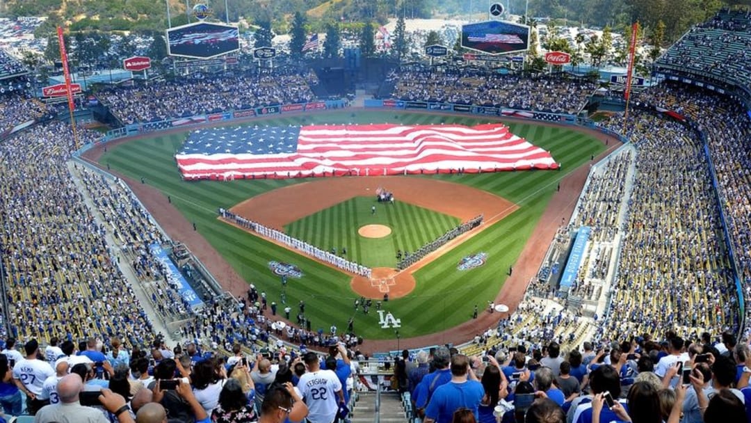 Apr 12, 2016; Los Angeles, CA, USA; General view of the field during the playing of the national anthem before the game between the Los Angeles Dodgers and the Arizona Diamondbacks at Dodger Stadium. Mandatory Credit: Jayne Kamin-Oncea-USA TODAY Sports