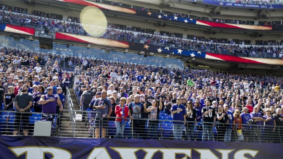 BALTIMORE, MD - OCTOBER 01: Fans stand during the national anthem before the Baltimore Ravens take on the Pittsburgh Steelers at M