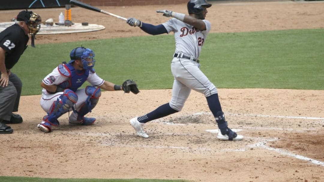 ARLINGTON, TX - AUGUST 4: Niko Goodrum #28 of the Detroit Tigers hits two run double against the Texas Rangers during the fifth inning at Globe Life Park in Arlington on August 4, 2019 in Arlington, Texas. The Rangers won 9-4. (Photo by Ron Jenkins/Getty Images)