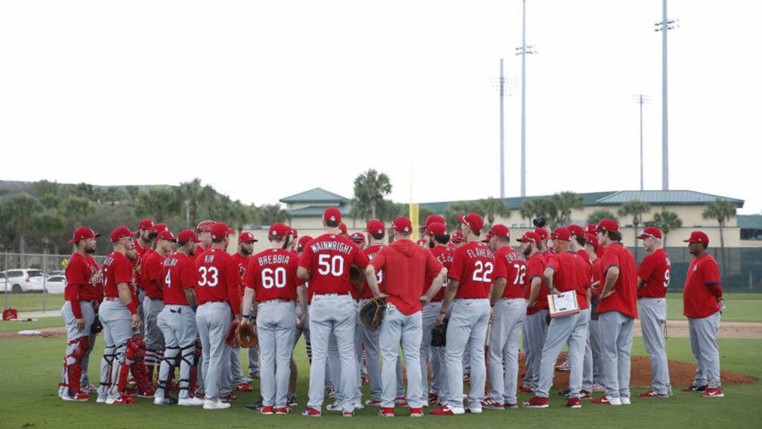 JUPITER, FLORIDA - FEBRUARY 19: The St. Louis Cardinals huddle during a team workout at Roger Dean Chevrolet Stadium on February 19, 2020 in Jupiter, Florida. (Photo by Michael Reaves/Getty Images)
