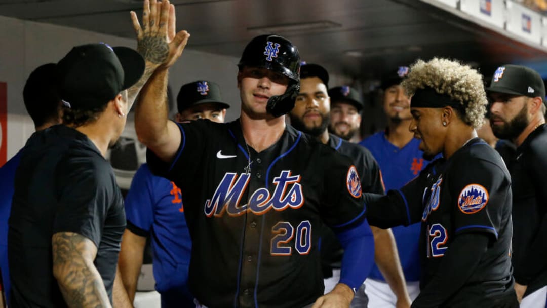 NEW YORK, NEW YORK - AUGUST 13: Pete Alonso #20 of the New York Mets celebrates after scoring a run during the seventh inning against the Los Angeles Dodgers at Citi Field on August 13, 2021 in New York City. The Dodgers defeated the Mets 6-5 in ten innings. (Photo by Jim McIsaac/Getty Images) NEW YORK, NEW YORK - AUGUST 13: Pete Alonso #20 of the New York Mets celebrates after scoring a run during the seventh inning against the Los Angeles Dodgers at Citi Field on August 13, 2021 in New York City. The Dodgers defeated the Mets 6-5 in ten innings. (Photo by Jim McIsaac/Getty Images)