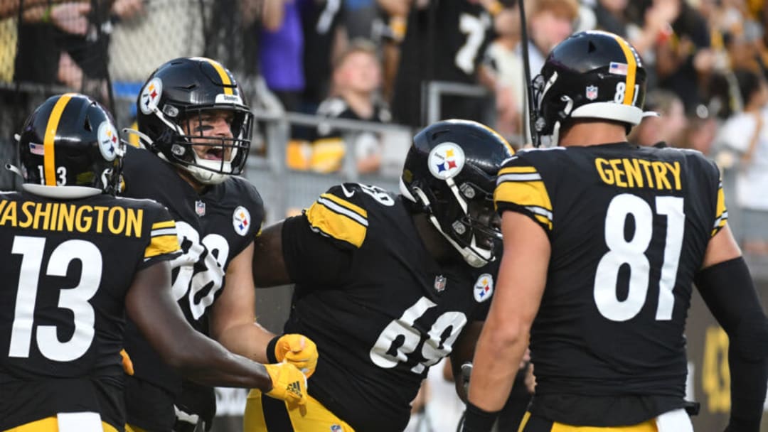 Aug 21, 2021; Pittsburgh, Pennsylvania, USA; Pittsburgh Steelers wide receiver Pat Freiermuth (88) celebrates a touchdown with James Washington (13) and Kevin Dotson (69) and Zach Gentry (41) during the first quarter against the Detroit Lions at Heinz Field. Mandatory Credit: Philip G. Pavely-USA TODAY Sports