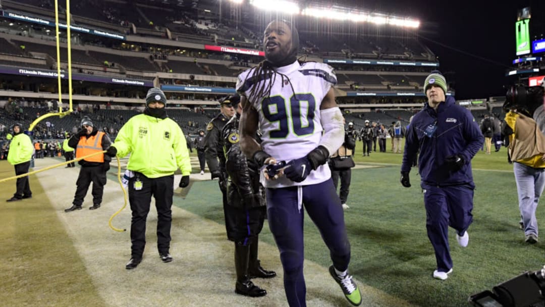 PHILADELPHIA, PENNSYLVANIA - JANUARY 05: Jadeveon Clowney #90 of the Seattle Seahawks celebrates victory after his teams win against the Philadelphia Eagles in the NFC Wild Card Playoff game at Lincoln Financial Field on January 05, 2020 in Philadelphia, Pennsylvania. (Photo by Steven Ryan/Getty Images)