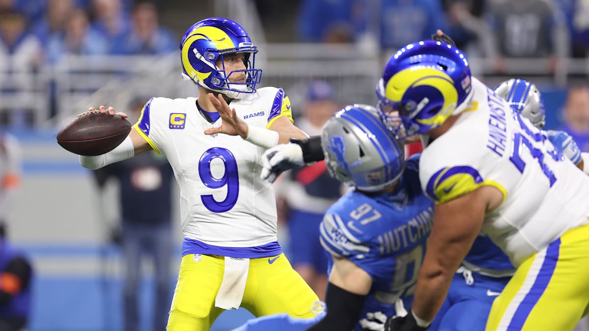 Who are the announcers and referees for Rams vs. Lions tonight?