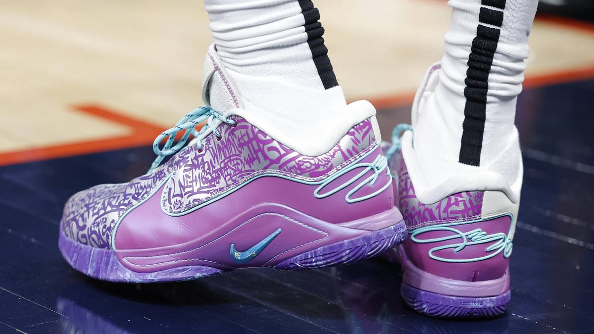 Nike LeBron 22 Frozen Grapes Basketball Shoes Graffiti on the 22s. Lebron wears the new Nike Lebron 22  main image 3