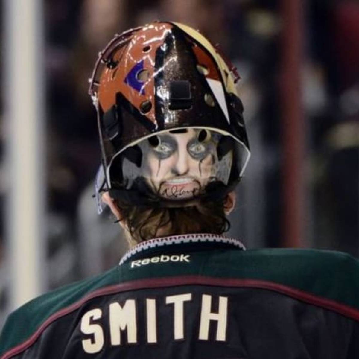mike smith arizona coyotes helmet Coyotes goaltender Mike Smith wears Alice Cooper mask for throwback night