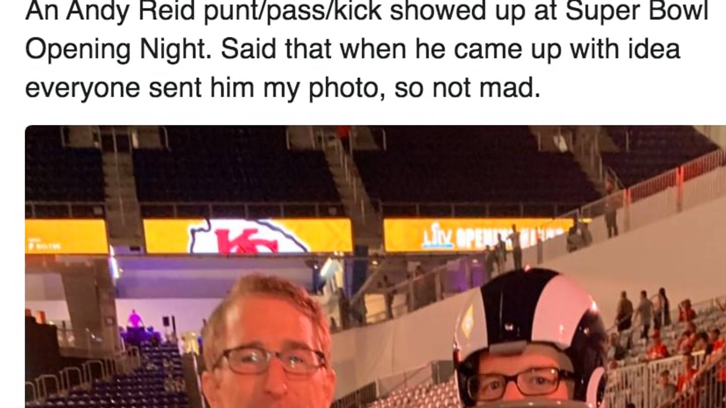 NFL Fan Impersonates Andy Reid From Childhood Punt, Pass and Kick  Competition at Super Bowl Opening Night