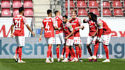 Die Mainzer bejubeln im Spiel gegen Bayern ein Tor von Jonathan Burkhardt.