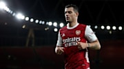 Granit Xhaka in action against Leicester in the Premier League 