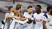 Tottenham celebrate their second in a 2-0 win over Aston Villa last time out 